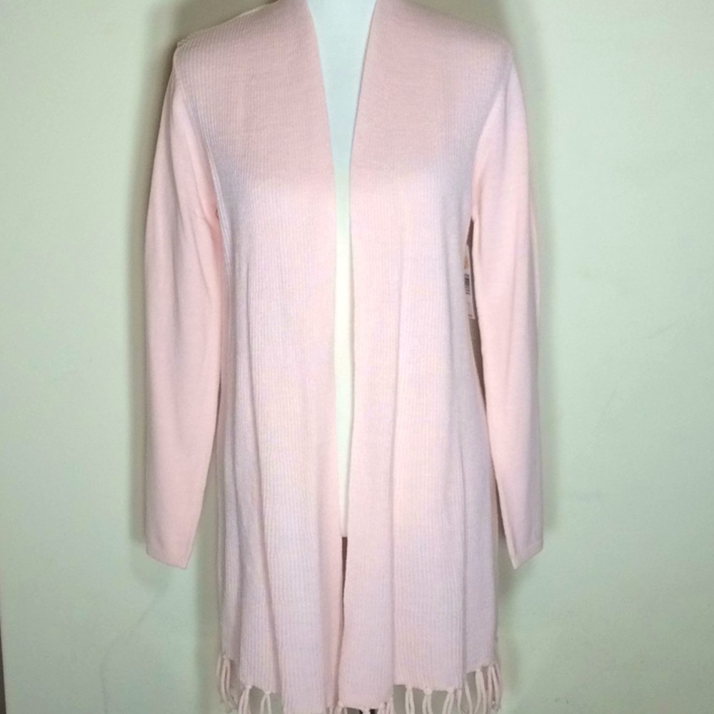 Ribbed Extended Length OpenFront Cardigan w/Fringe